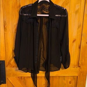Black Lace Yoke Sheer Button-Up Blouse